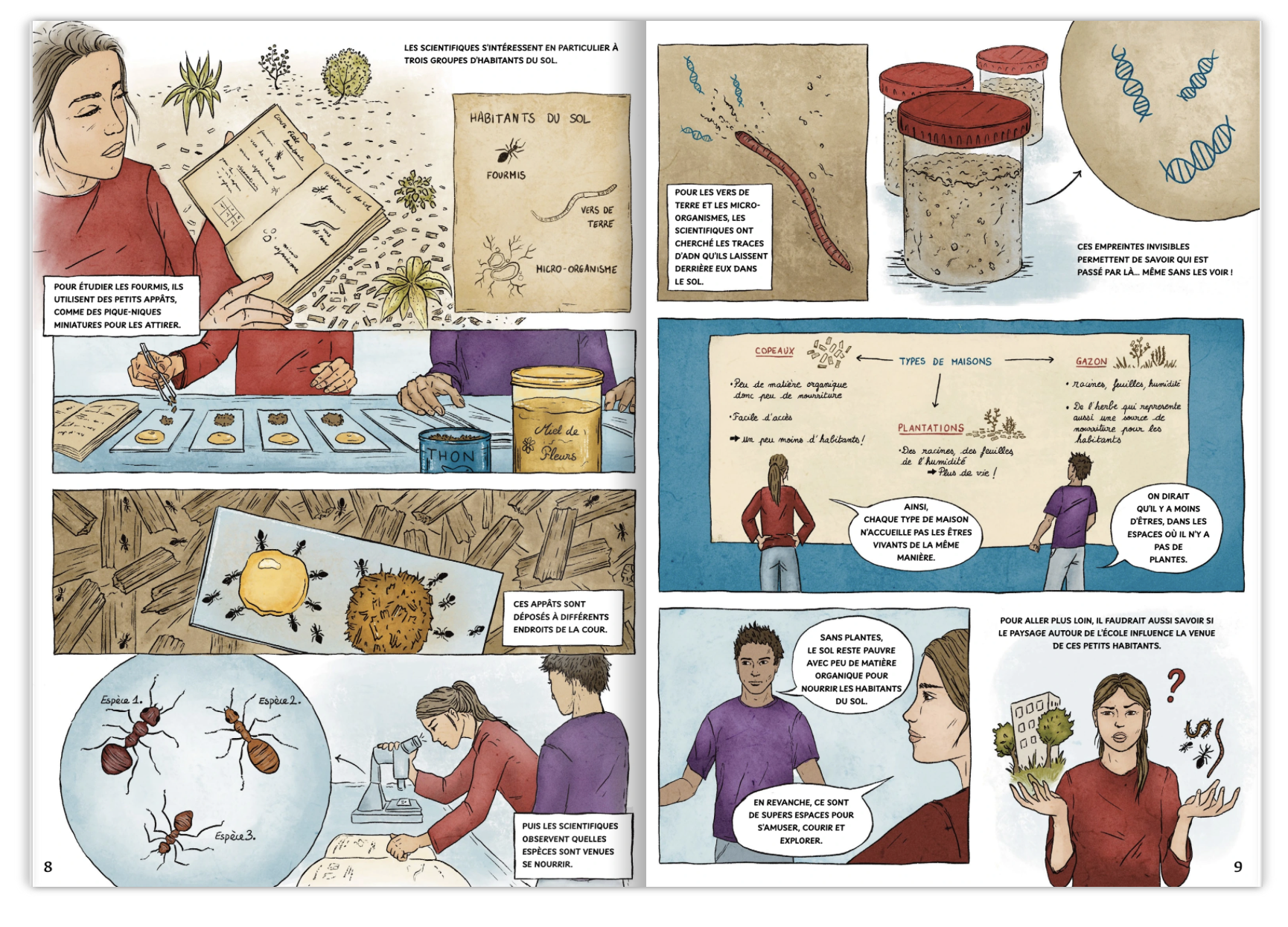 Deux pages de la BD sur les cours d’école montrent l’étude des fourmis et de l’ADN présent dans le sol.