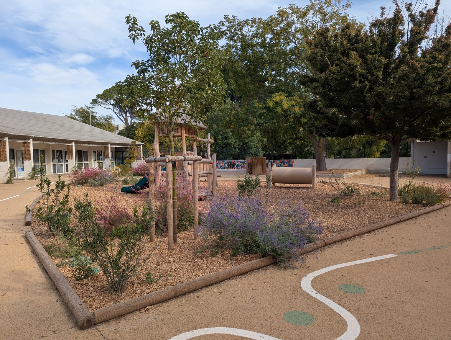 Référence photographique : une cour d'école plantée, avec des espaces de jeu et des copeaux au sol.