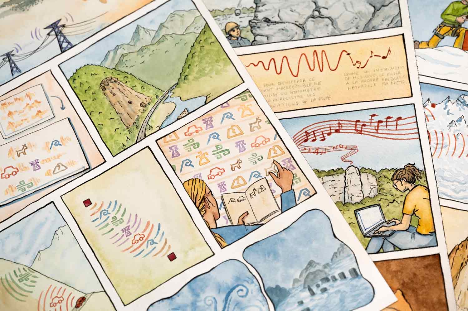Détails de planches dessinées : paysages, scientifiques et graphiques.